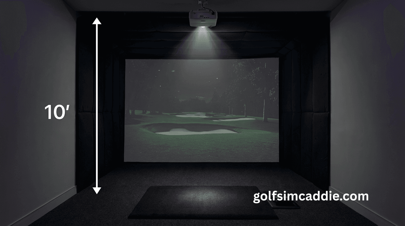 Golfer measuring ceiling height clearance for a golf simulator