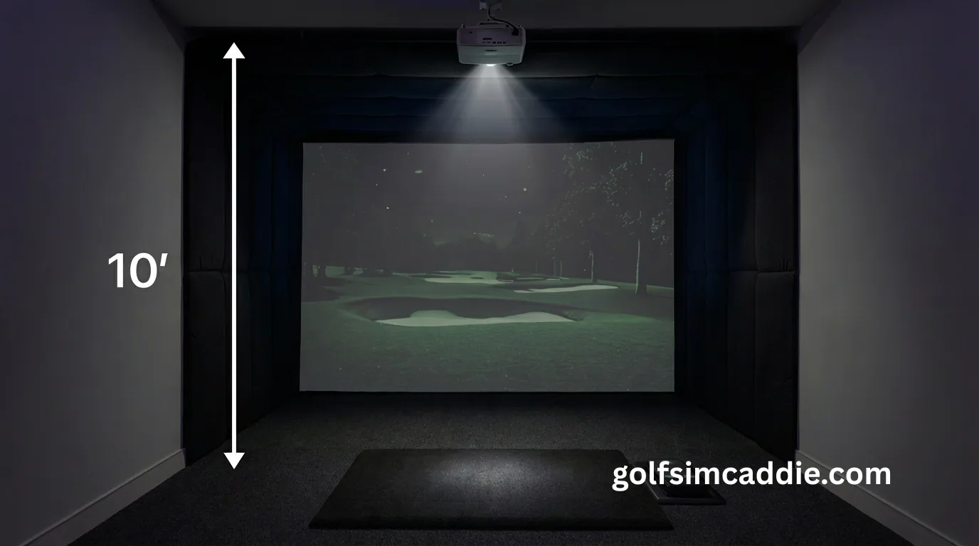 Golfer measuring ceiling height clearance for a golf simulator