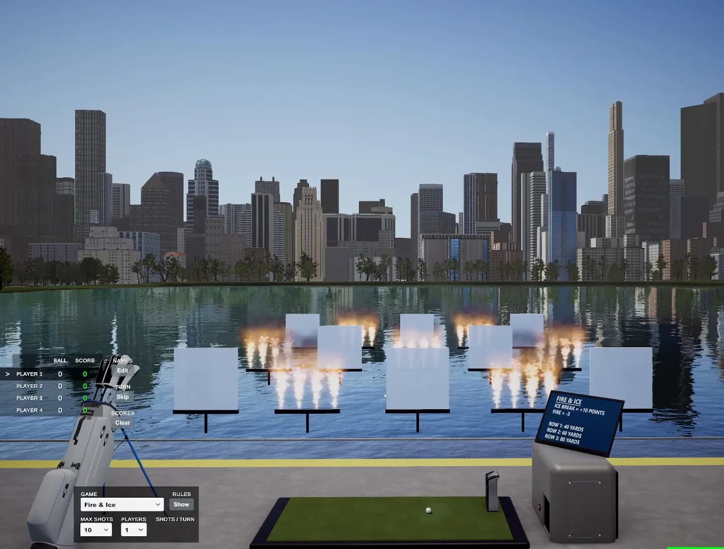 Floating ice panels and jets of fire on the Central Park driving range in GSPro