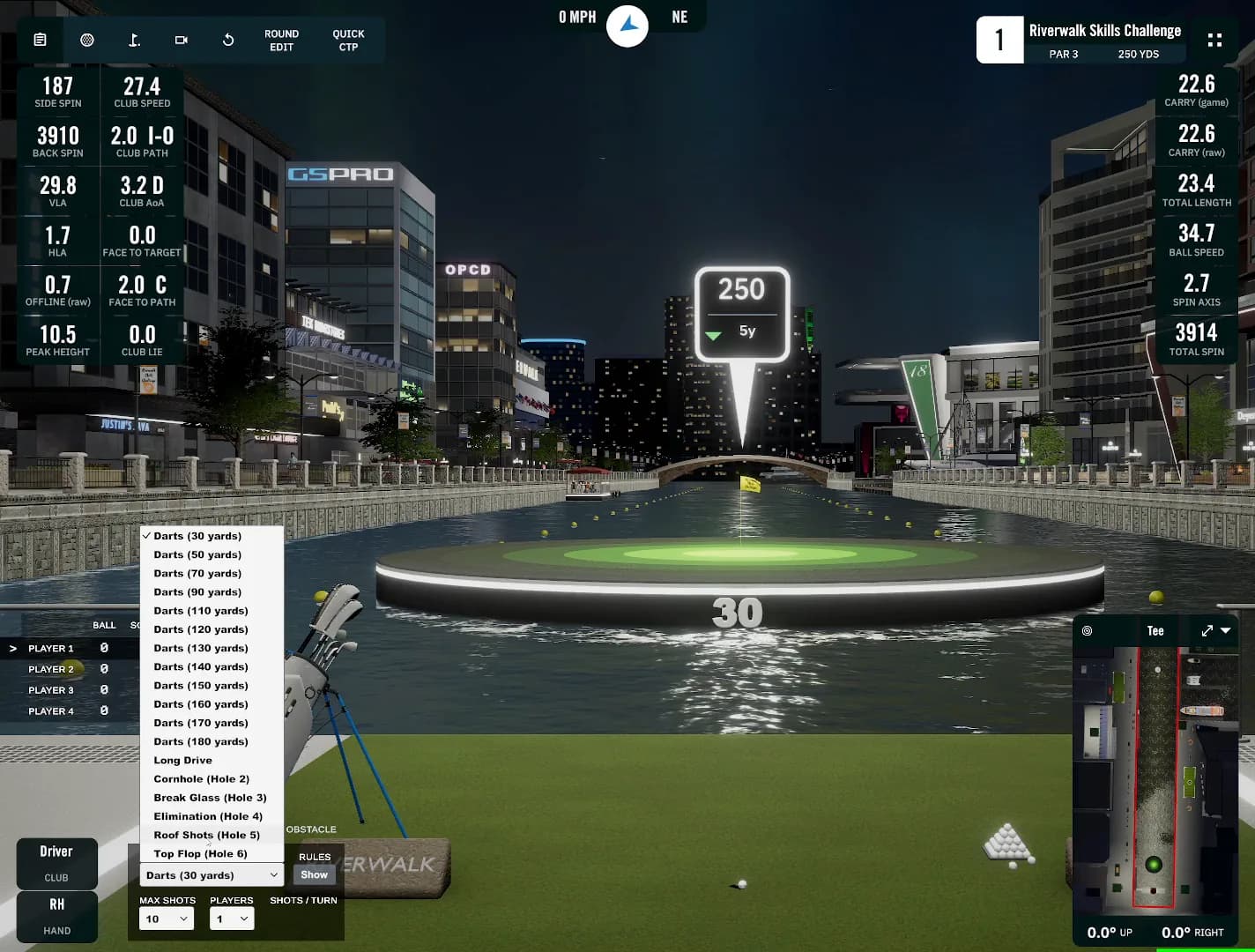 The GSPro game selector dropdown open on the Central Park driving range, showing ten mini-games