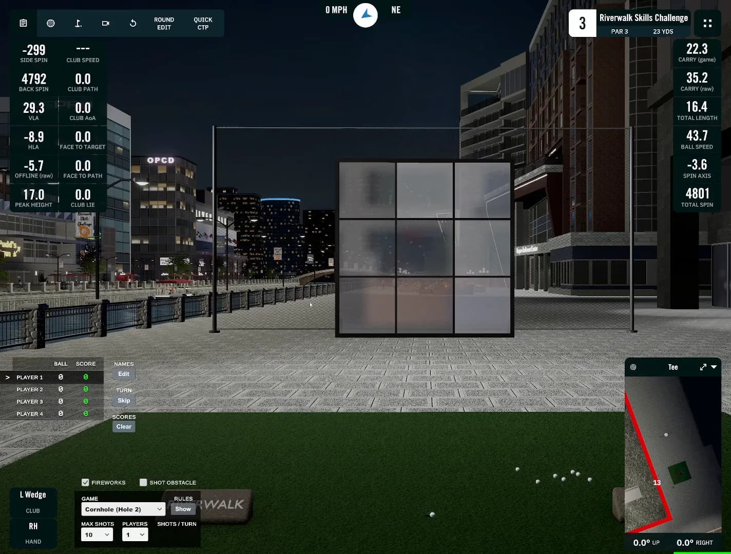 The nine-pane glass wall on hole 3 of the Riverwalk Skills Challenge in GSPro at night