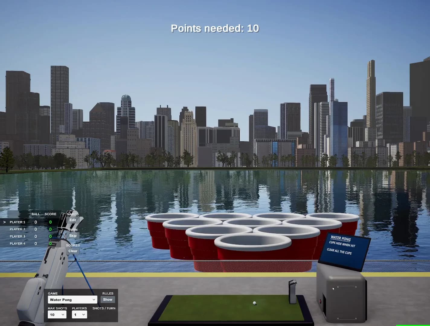 A rack of ten red cups floating on the water on the Central Park driving range in GSPro