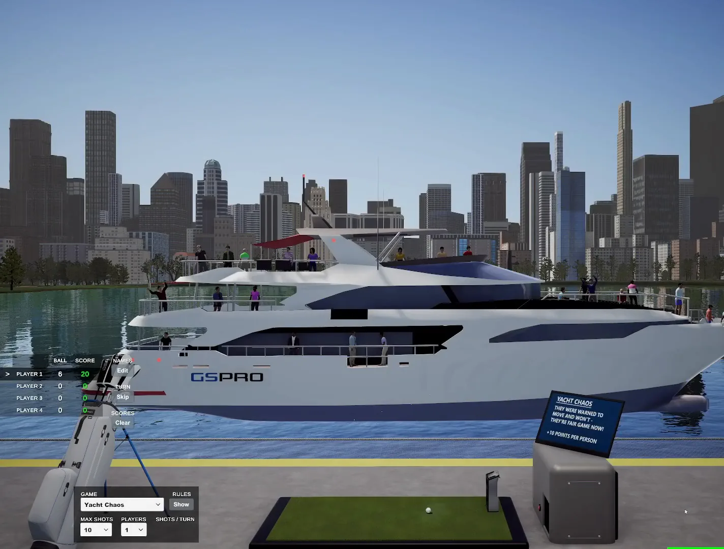 A superyacht with people on deck used as a target on the Central Park range in GSPro