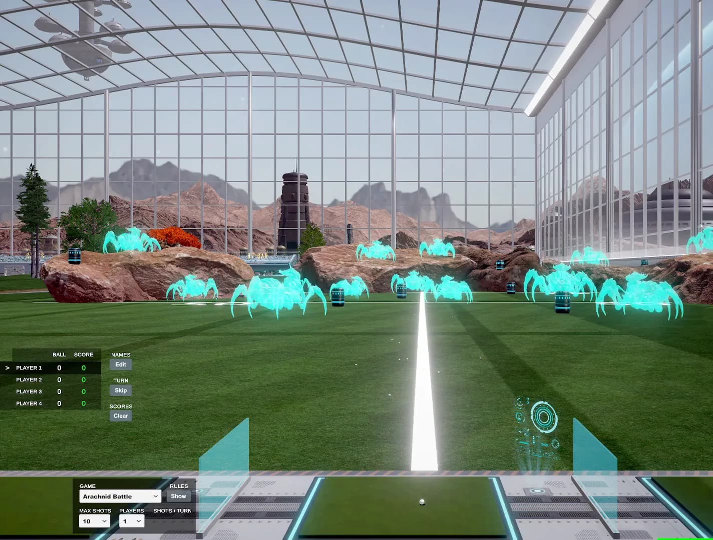 Glowing alien spiders and detonation barrels on the Outpost 87 driving range in GSPro