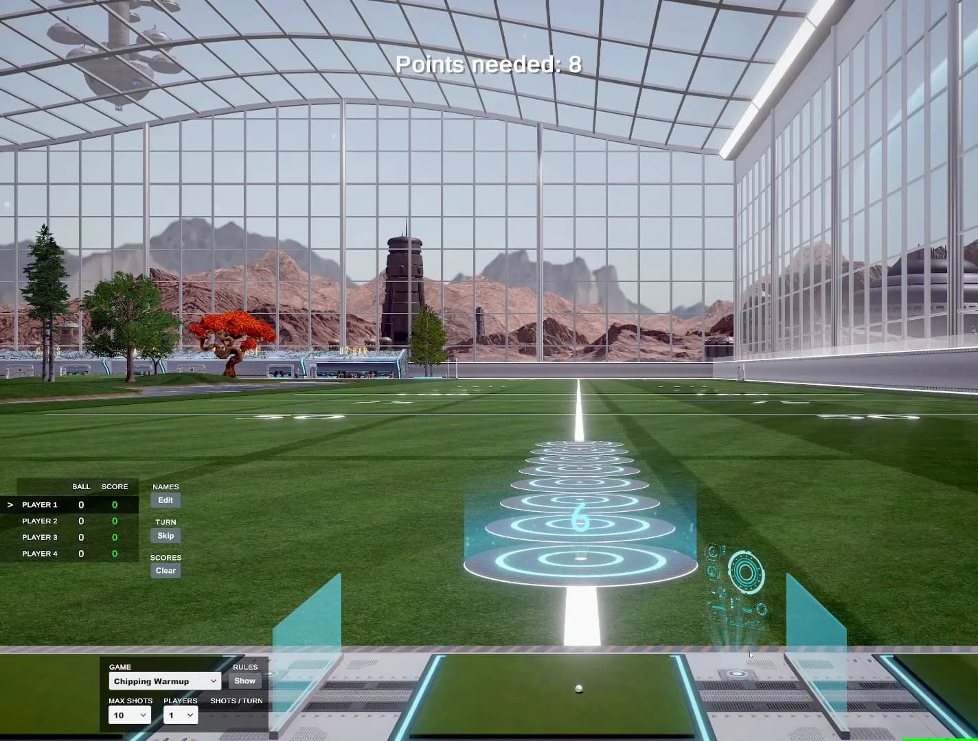 Holographic target rings stepping away from the tee on the Outpost 87 range in GSPro