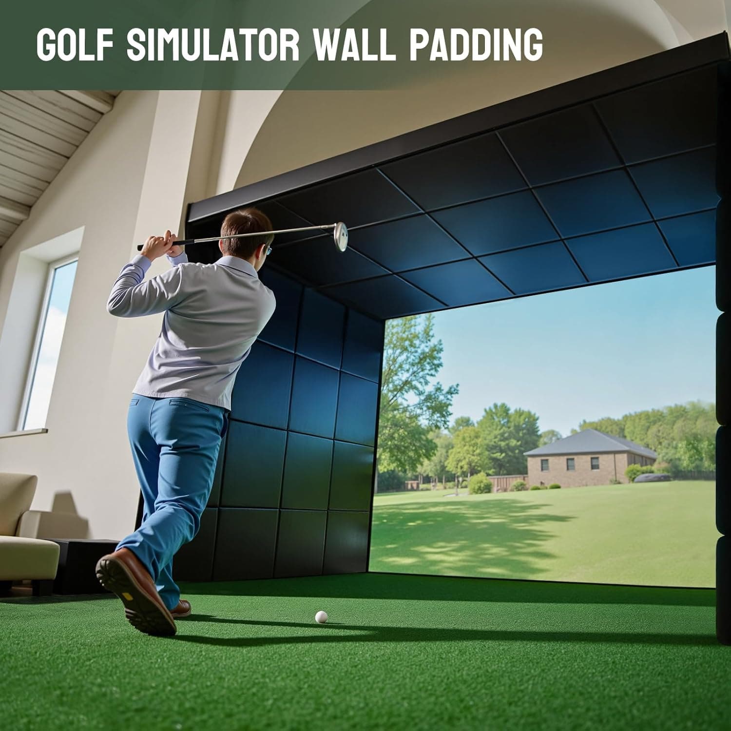 Ceiling protection padding for golf simulator rooms